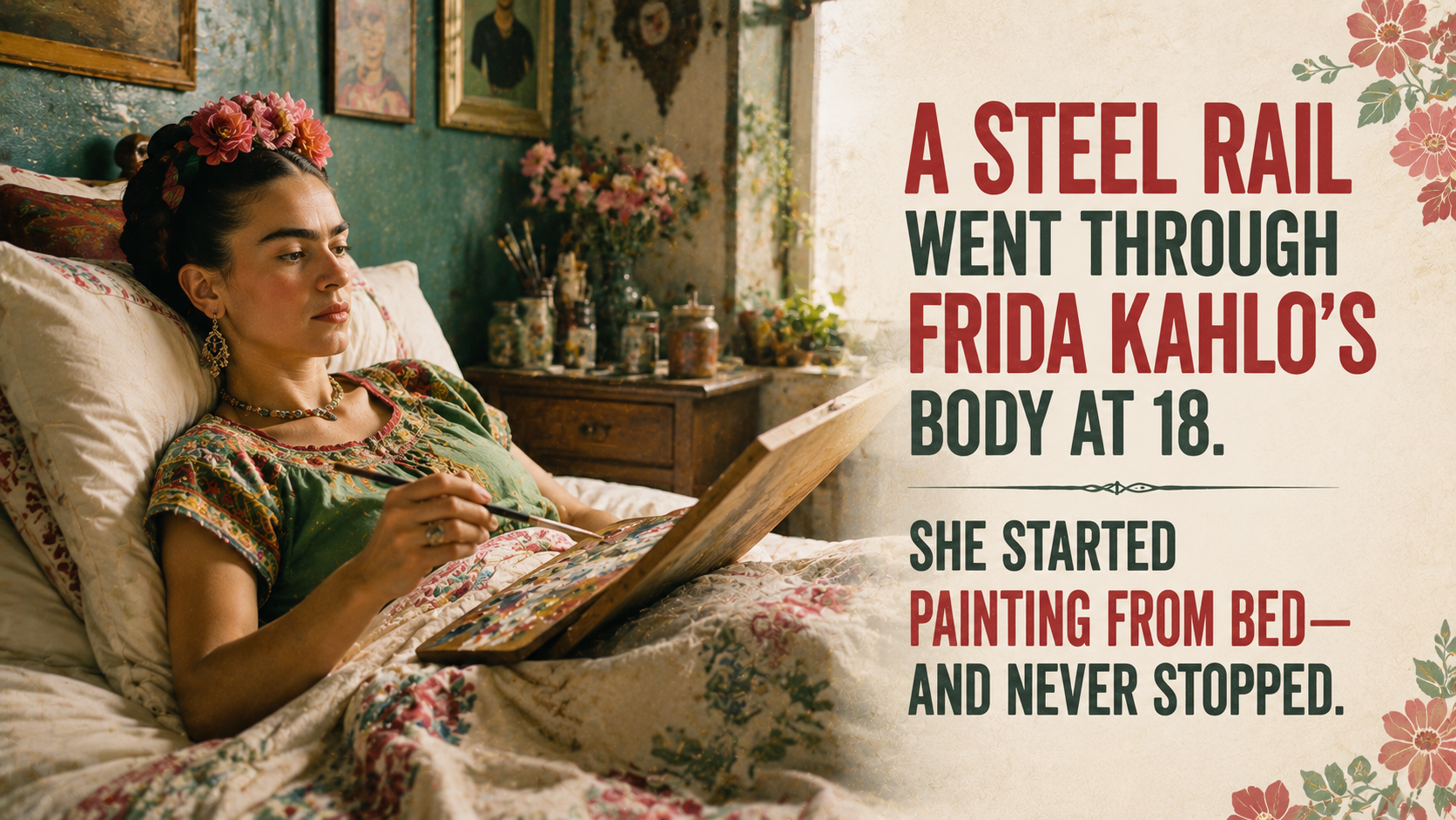 A Steel Rail Went Through Frida Kahlo’s Body at 18. She Started Painting From Bed — And Never Stopped.